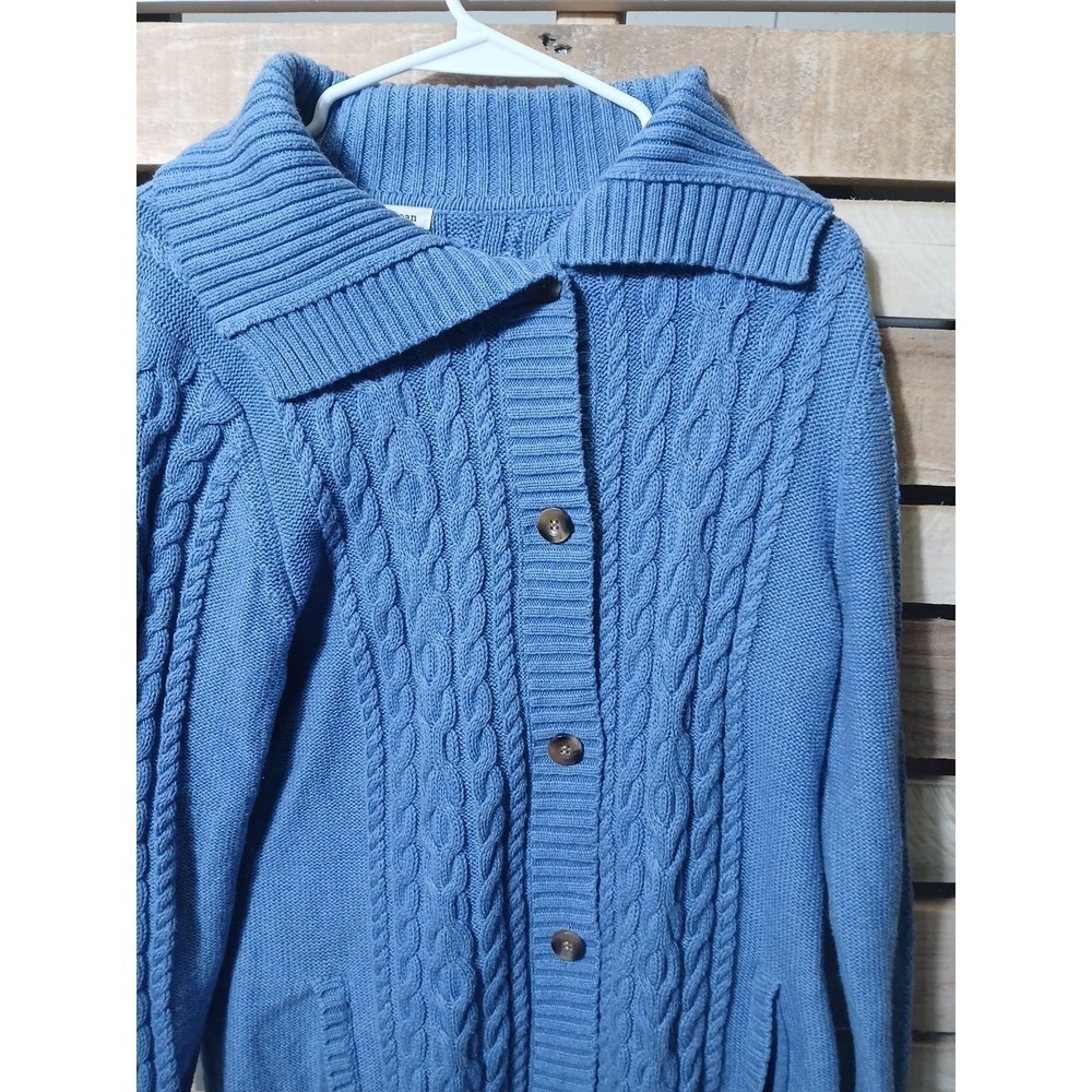 LL Bean Women's Blue Cotton Cable Knit Cardigan Sweater Size Medium Button Front - Picture 7 of 9